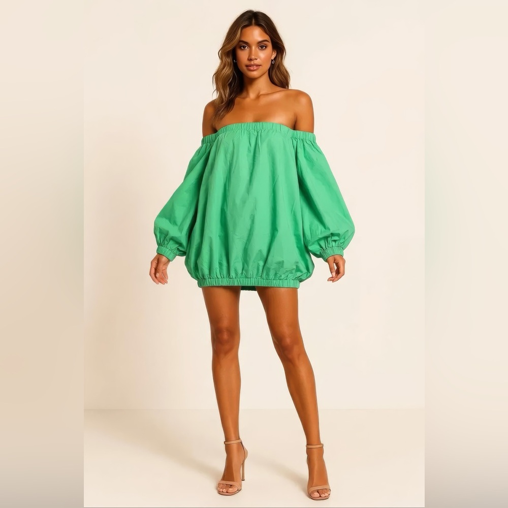 Off-Shoulder Bubble Sleeve Mini Dress in Light Green
